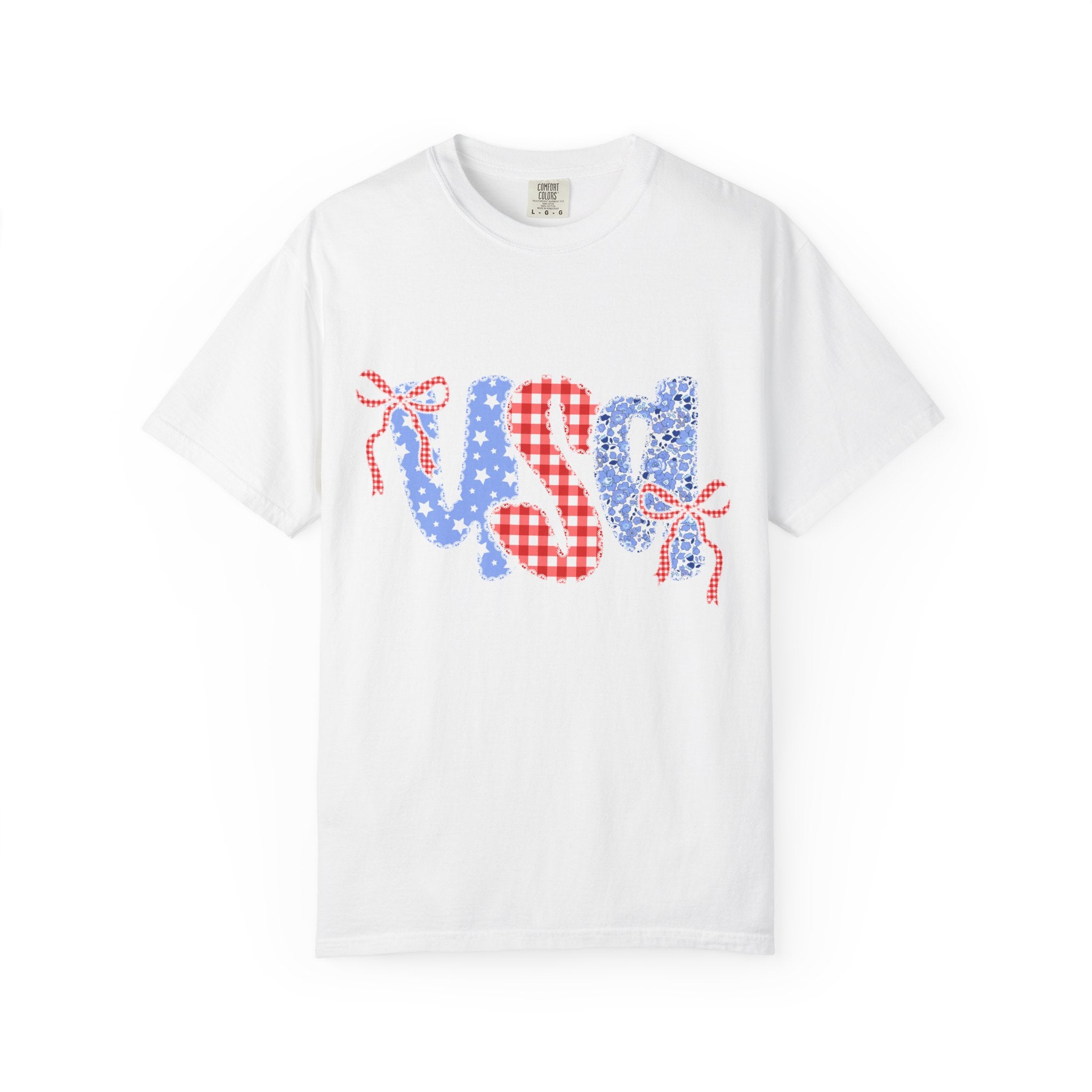 USA Floral Gingham T-Shirt — Patriotic Red, White & Blue Tee