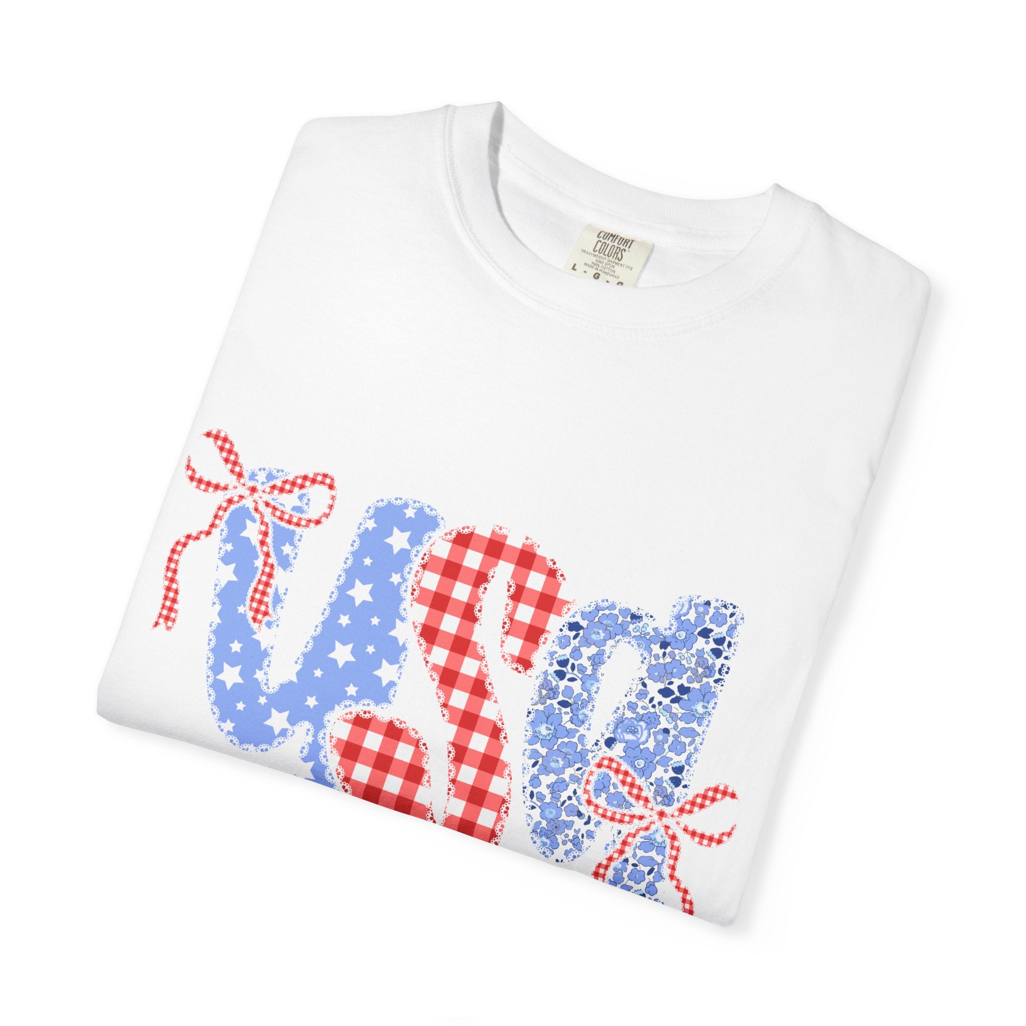 USA Floral Gingham T-Shirt — Patriotic Red, White & Blue Tee