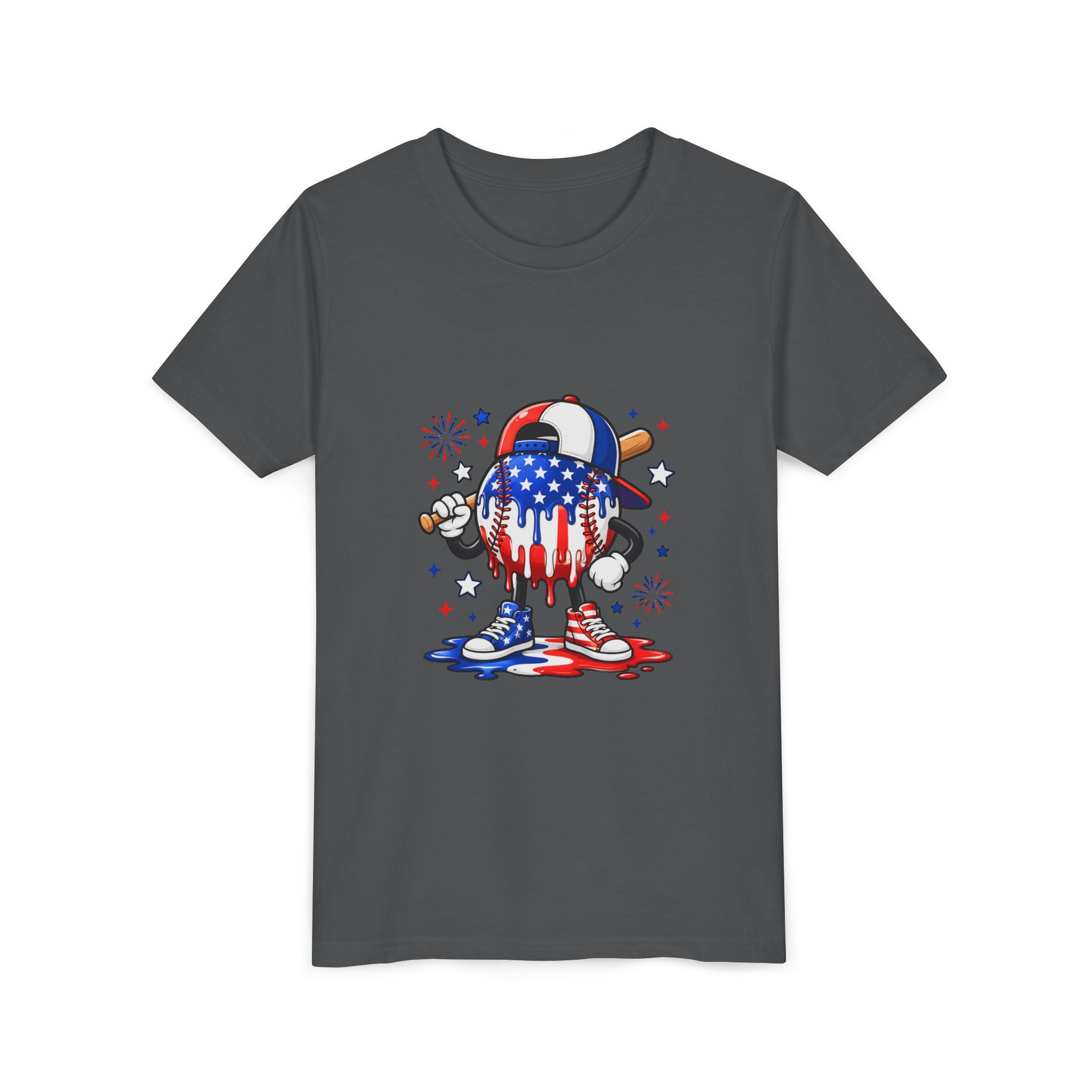 Youth Tee – Dripping USA Flag Baseball Character (4th of July Kids Shirt)