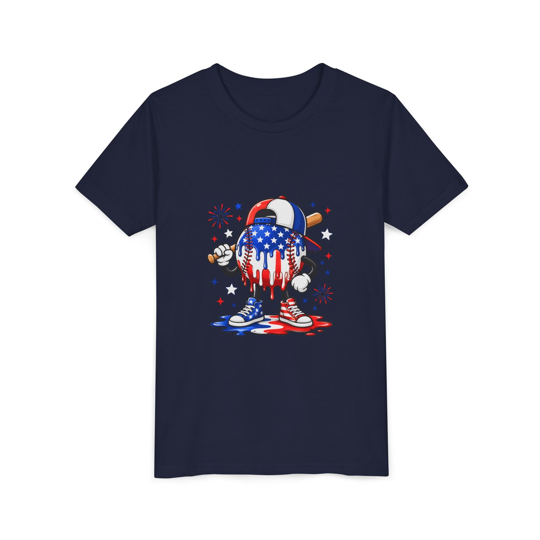 Youth Tee – Dripping USA Flag Baseball Character (4th of July Kids Shirt)