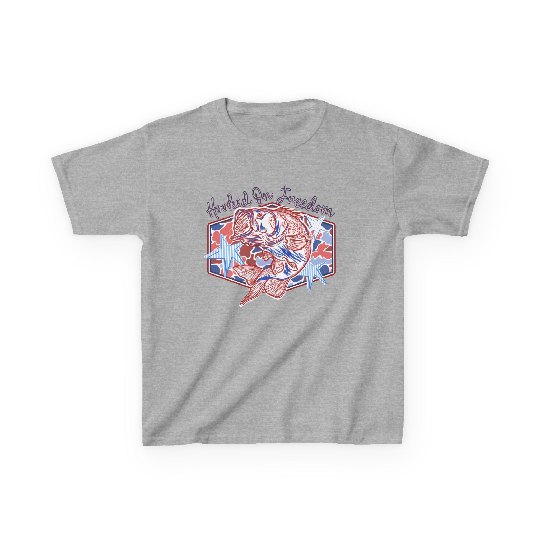 Kids Tee — "Hooked on Freedom" Fishing Graphic (Patriotic Red & Blue)