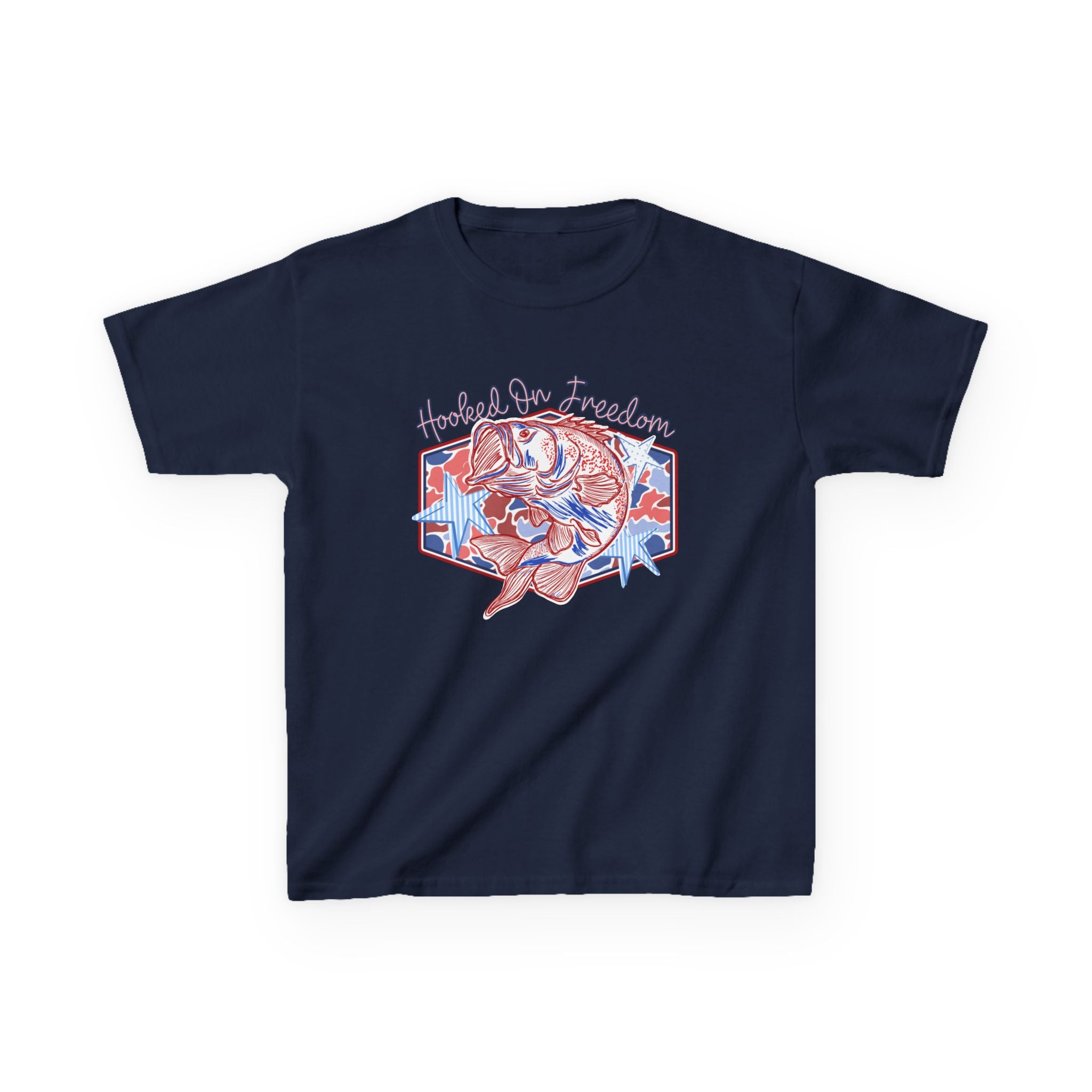 Kids Tee — "Hooked on Freedom" Fishing Graphic (Patriotic Red & Blue)
