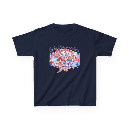 Kids Tee — "Hooked on Freedom" Fishing Graphic (Patriotic Red & Blue)
