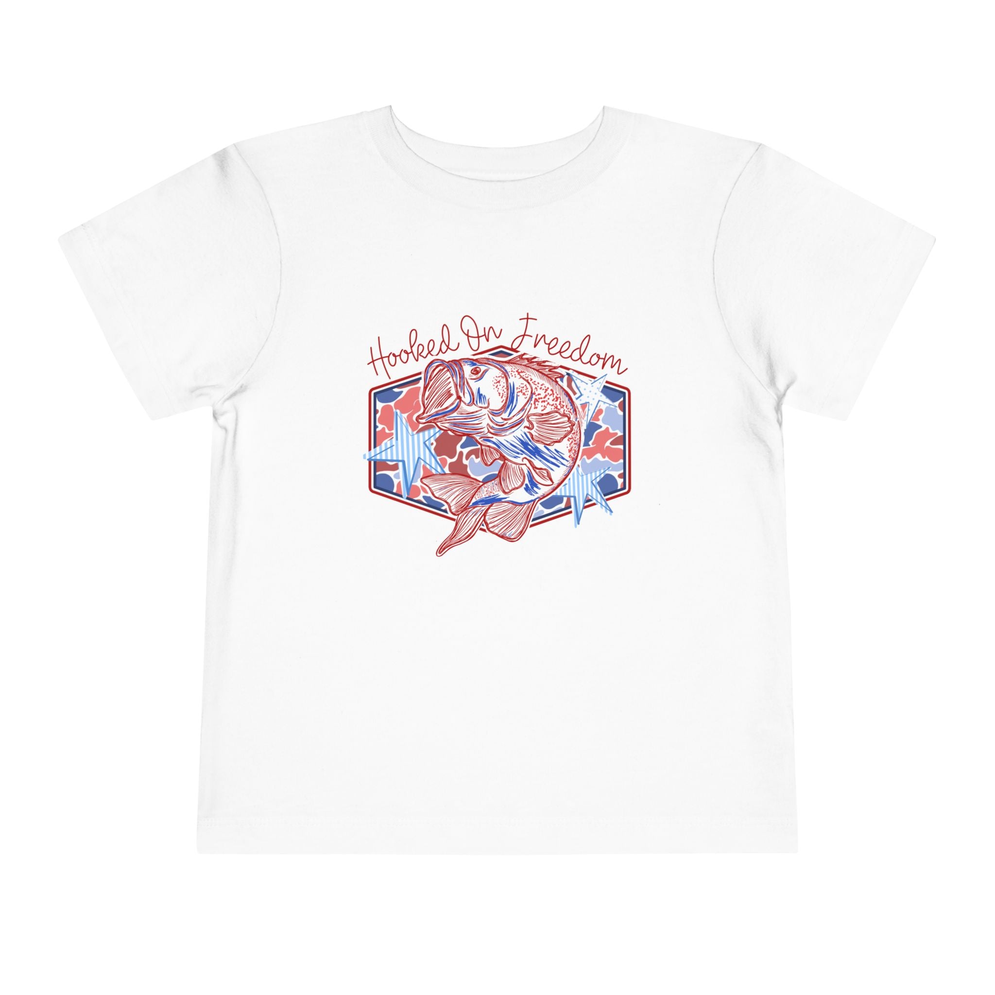 Toddler Tee — "Hooked on Freedom" Patriotic Bass Fishing Kid Shirt