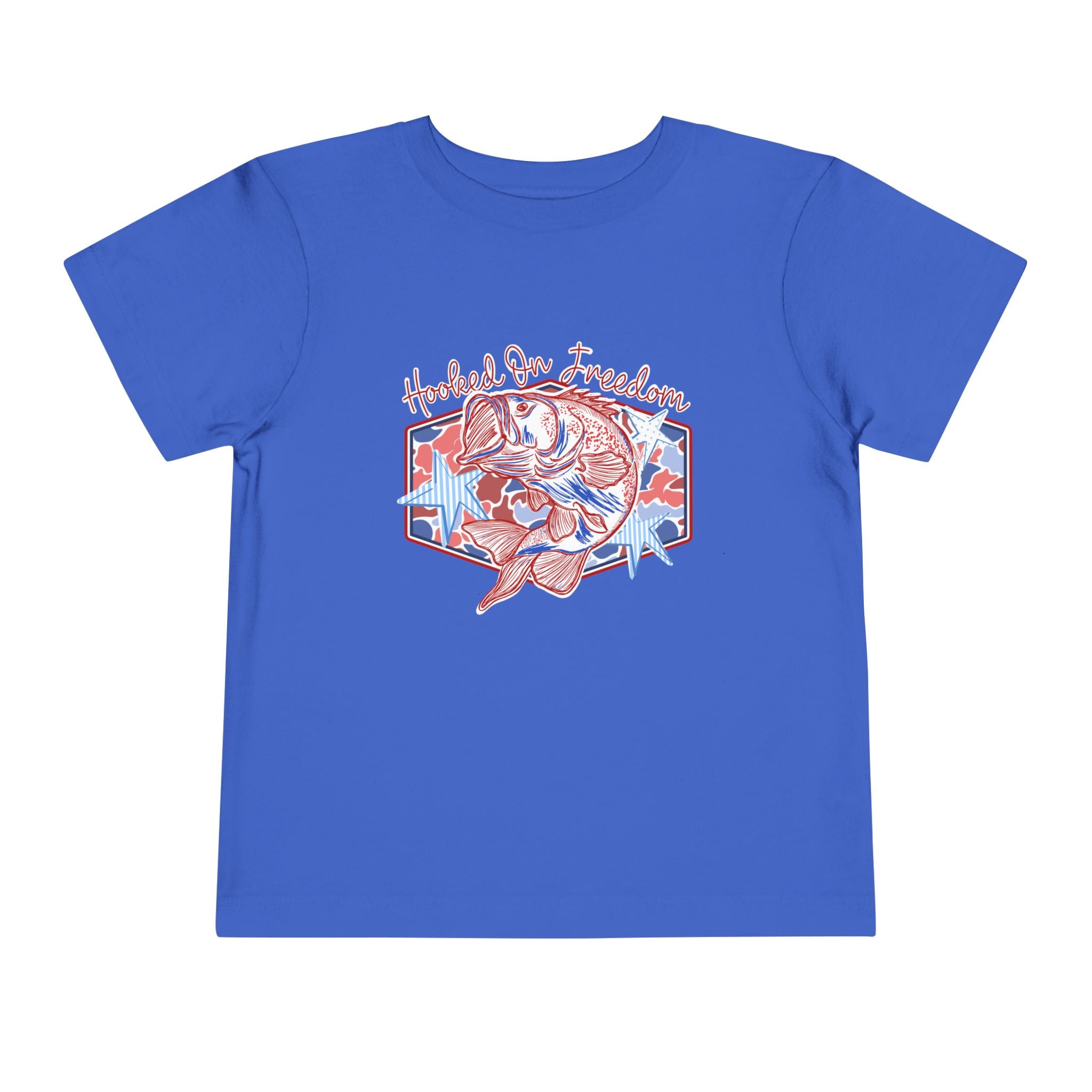 Toddler Tee — "Hooked on Freedom" Patriotic Bass Fishing Kid Shirt