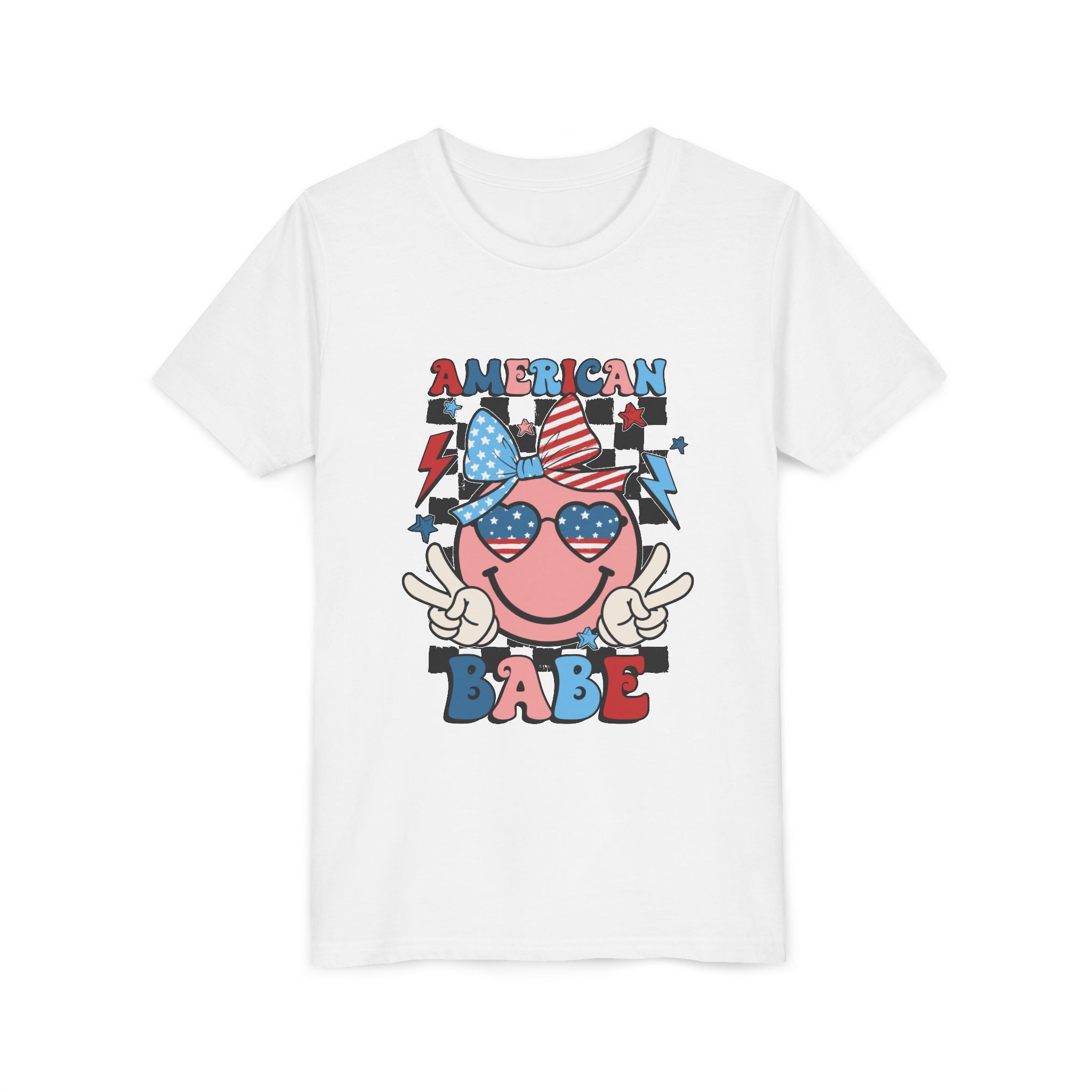 Youth Tee — "American Babe" Patriotic Smiley Face Kids' 4th of July Shirt
