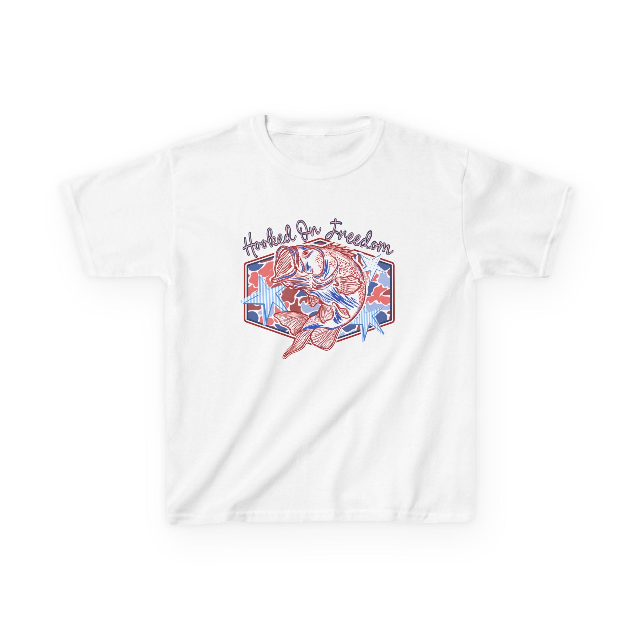Kids Tee — "Hooked on Freedom" Fishing Graphic (Patriotic Red & Blue)