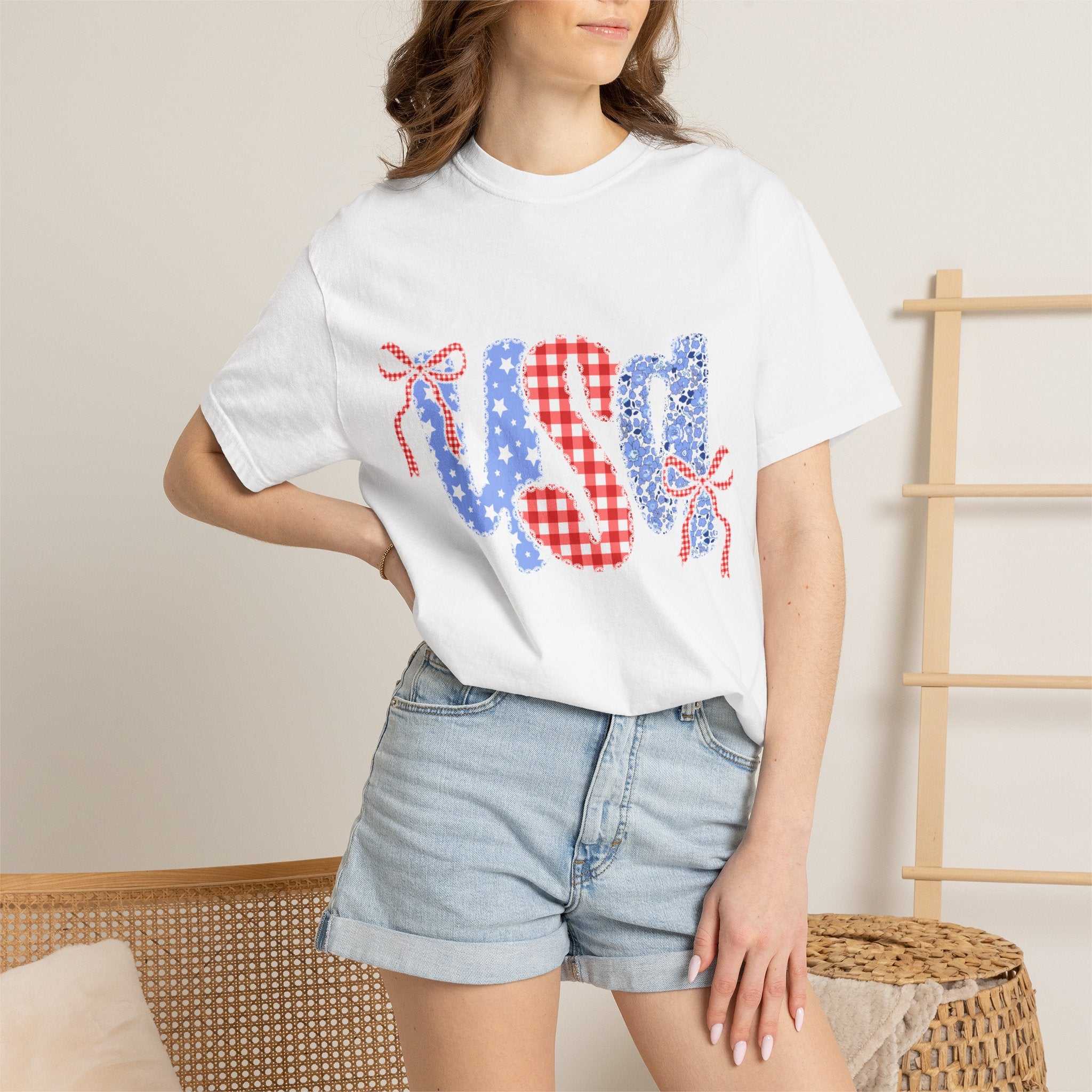 USA Floral Gingham T-Shirt — Patriotic Red, White & Blue Tee
