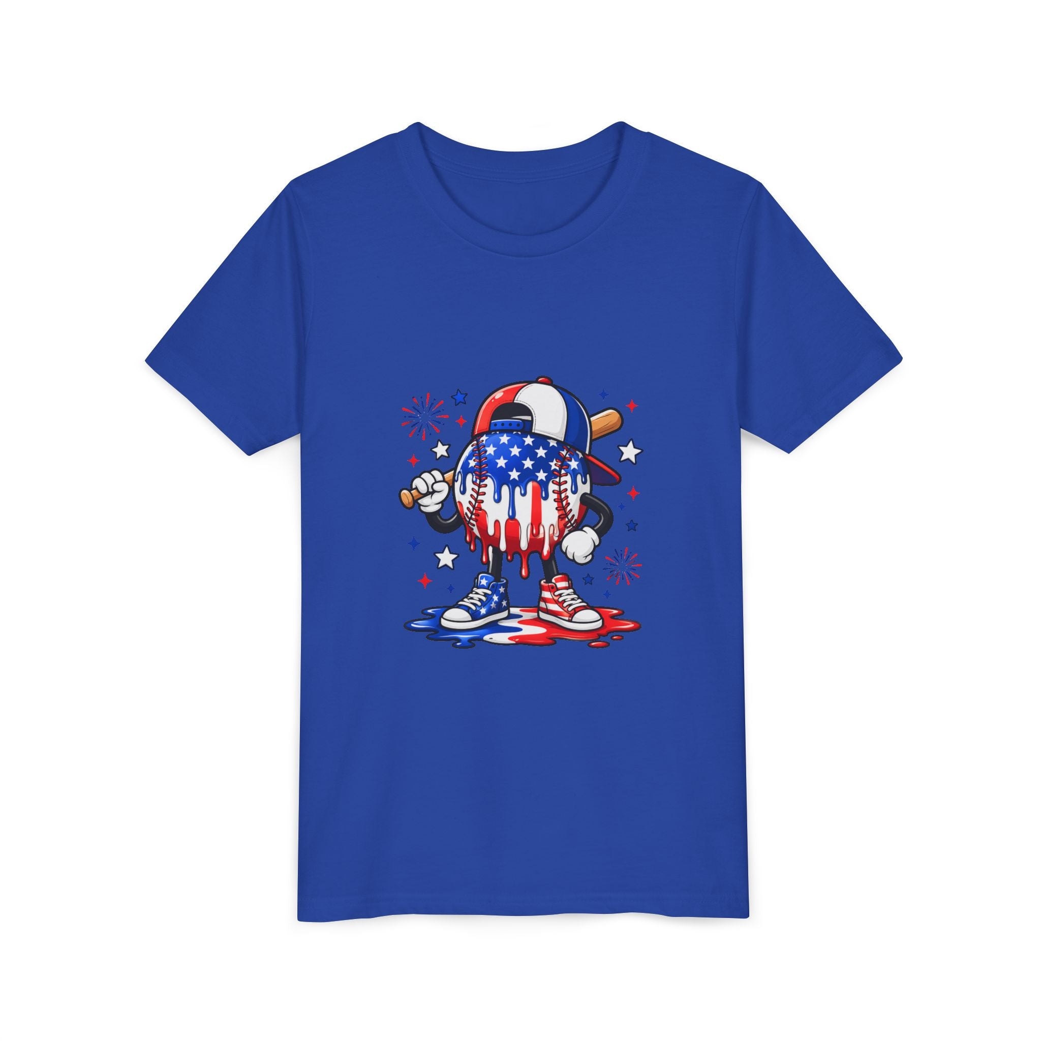 Youth Tee – Dripping USA Flag Baseball Character (4th of July Kids Shirt)