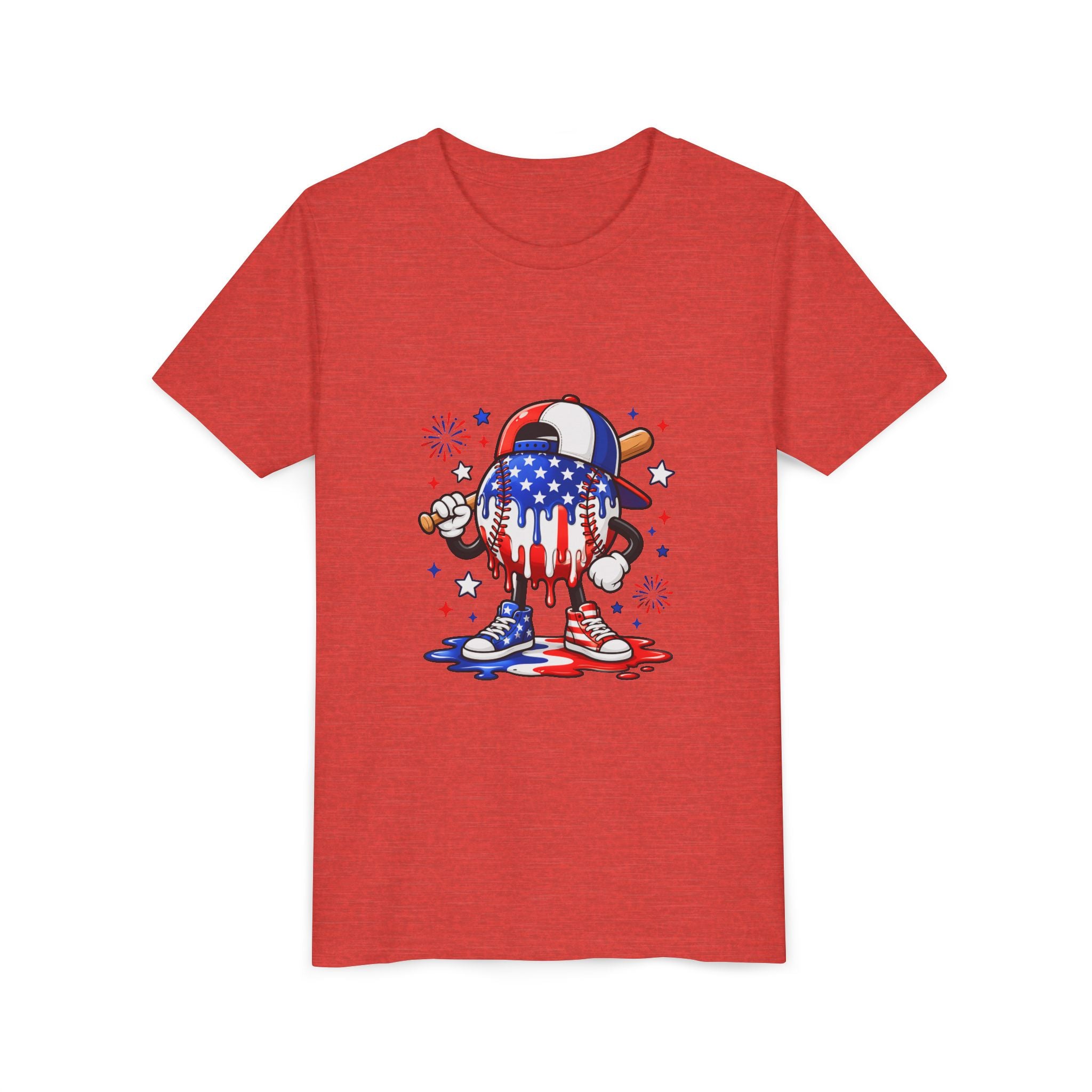 Youth Tee – Dripping USA Flag Baseball Character (4th of July Kids Shirt)