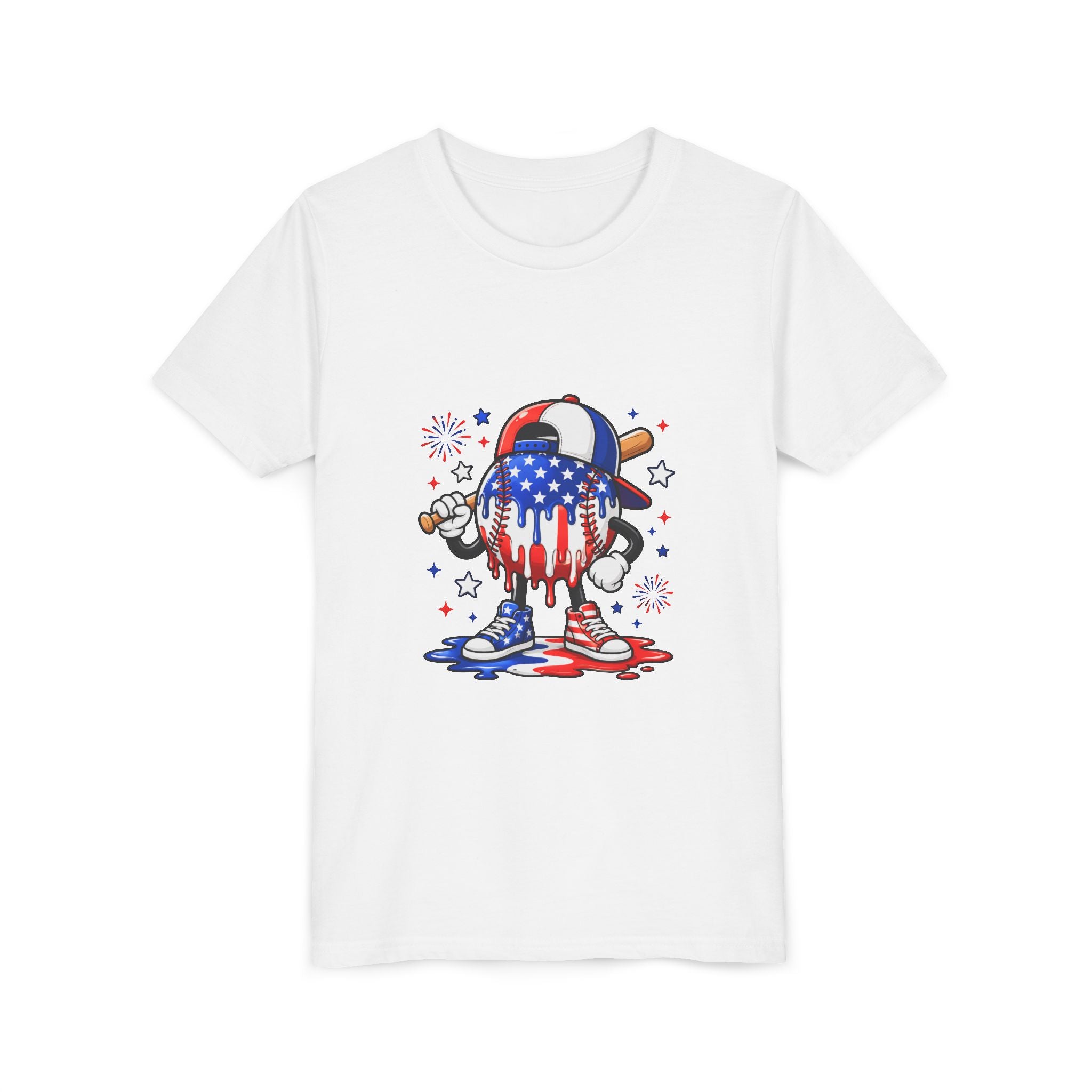 Youth Tee – Dripping USA Flag Baseball Character (4th of July Kids Shirt)