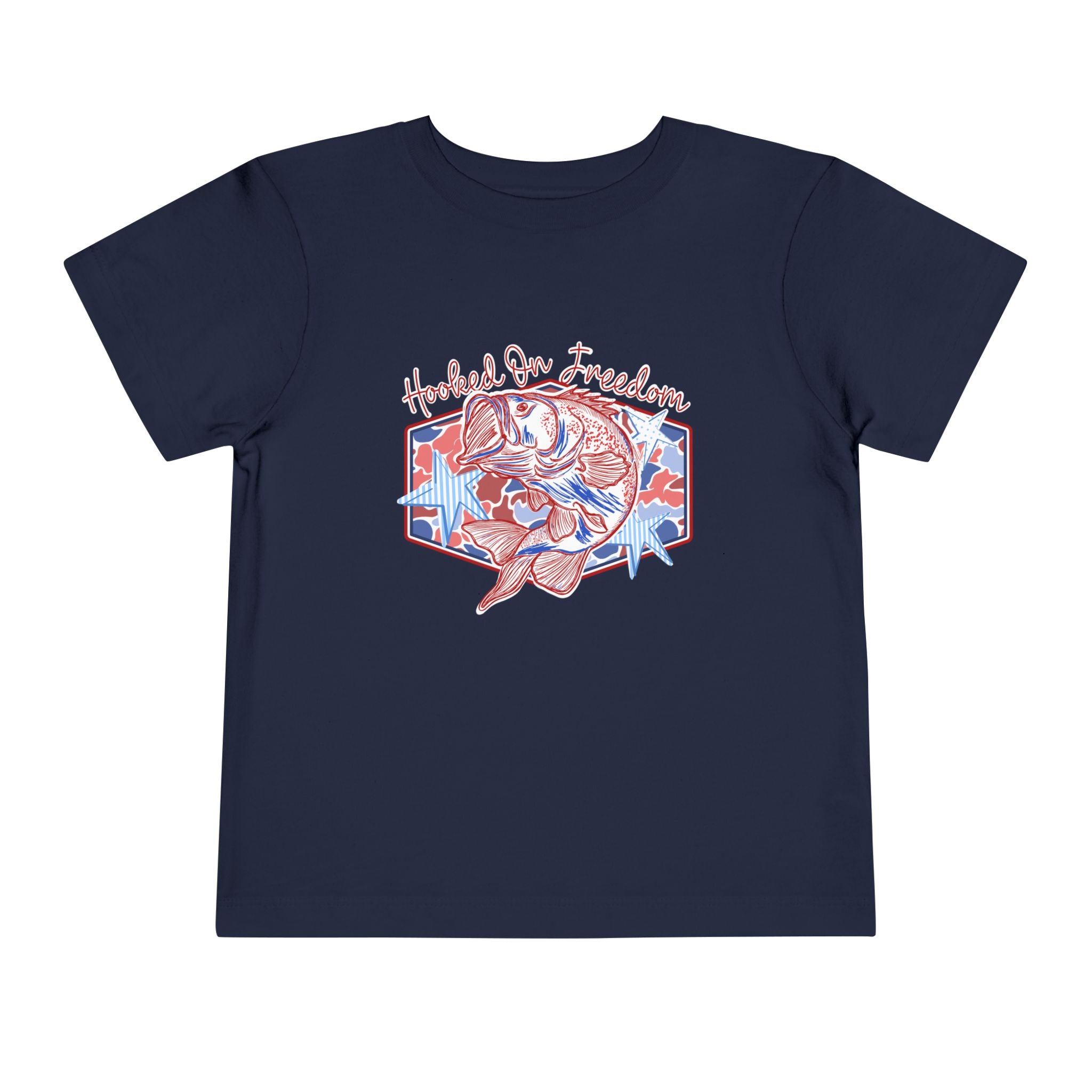 Toddler Tee — "Hooked on Freedom" Patriotic Bass Fishing Kid Shirt